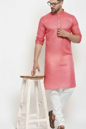 Men’s Pink Textured Cotton Kurta with White Pajama