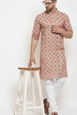 Men’s Red & White Printed Cotton Kurta { DIWALI SPECIAL}