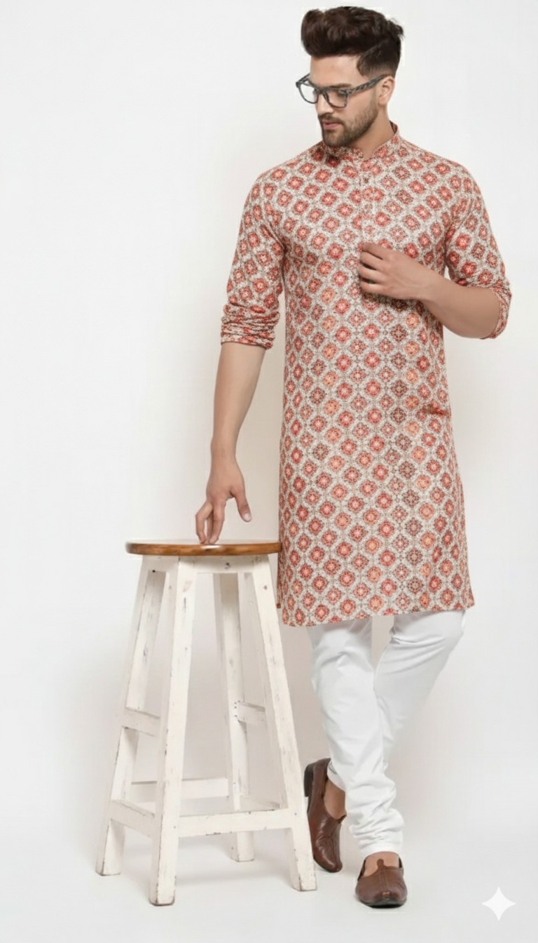 Men’s Red & White Printed Cotton Kurta { DIWALI SPECIAL}