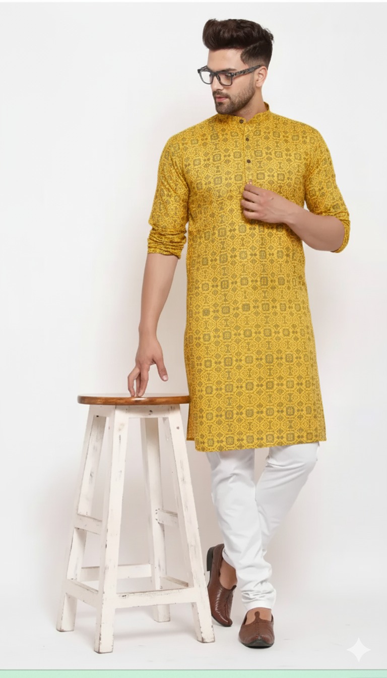 Tradional Men Embroidered Cotton Blend Straight Kurta