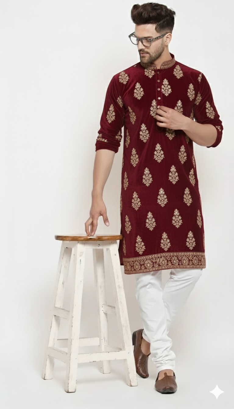 Maroon Velvet Embroidered Men’s Kurta. ( Diwali Special)