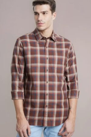 Men Brown Checked Casual Shirt | Full Sleeve Cotton Shirt for Men