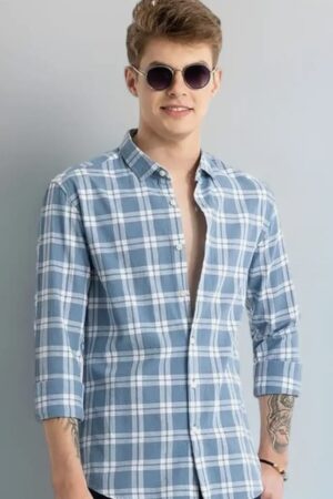Men’s Blue Checked Casual Shirt – Slim Fit Cotton Shirt