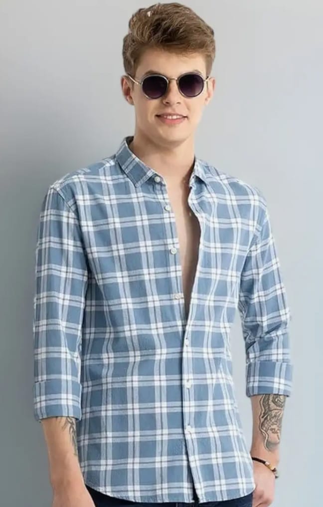 Men’s Blue Checked Casual Shirt – Slim Fit Cotton Shirt